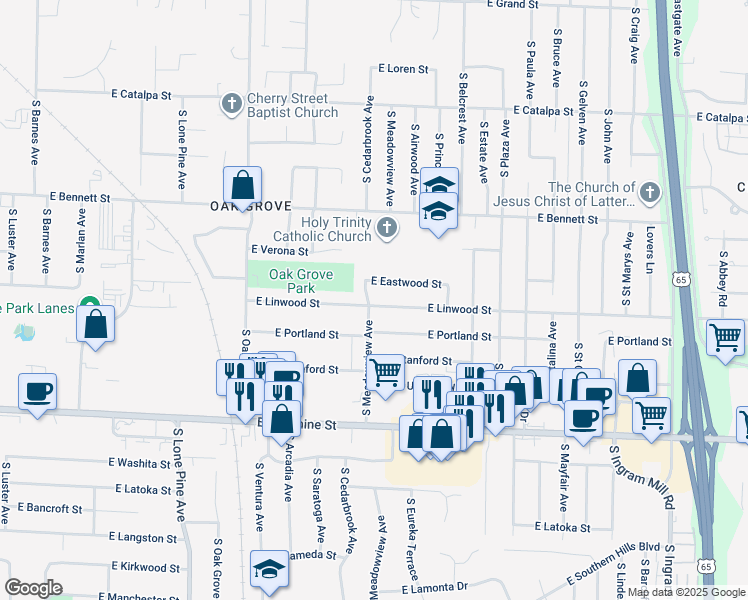 map of restaurants, bars, coffee shops, grocery stores, and more near 2827 East Linwood Street in Springfield