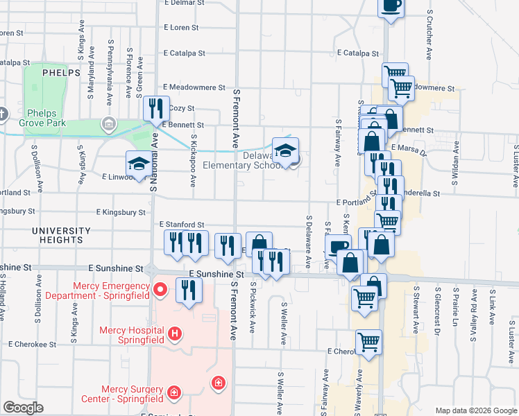 map of restaurants, bars, coffee shops, grocery stores, and more near 1438 East Portland Street in Springfield