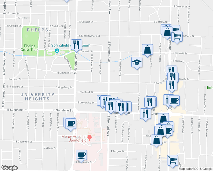 map of restaurants, bars, coffee shops, grocery stores, and more near 1609 South Fremont Avenue in Springfield