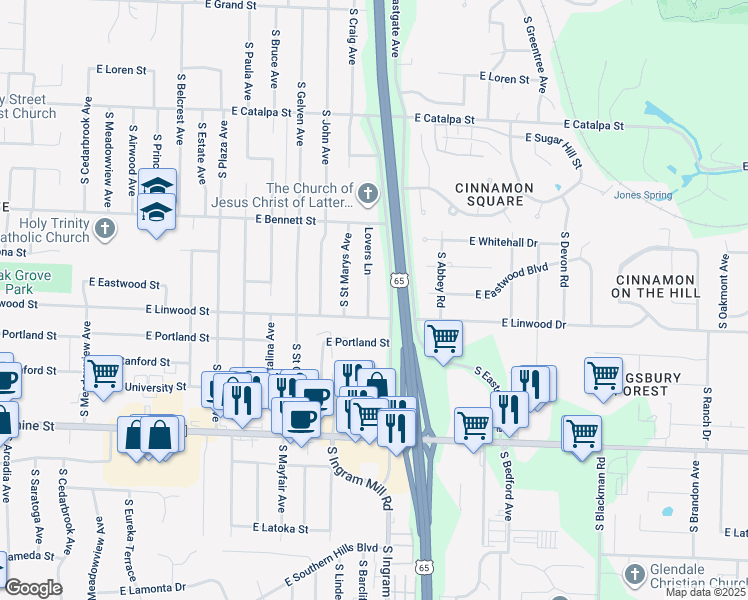 map of restaurants, bars, coffee shops, grocery stores, and more near 1530 South Lovers Lane in Springfield