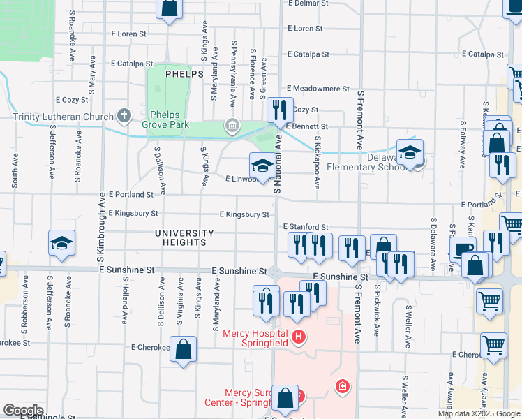 map of restaurants, bars, coffee shops, grocery stores, and more near 1141 East Kingsbury Street in Springfield