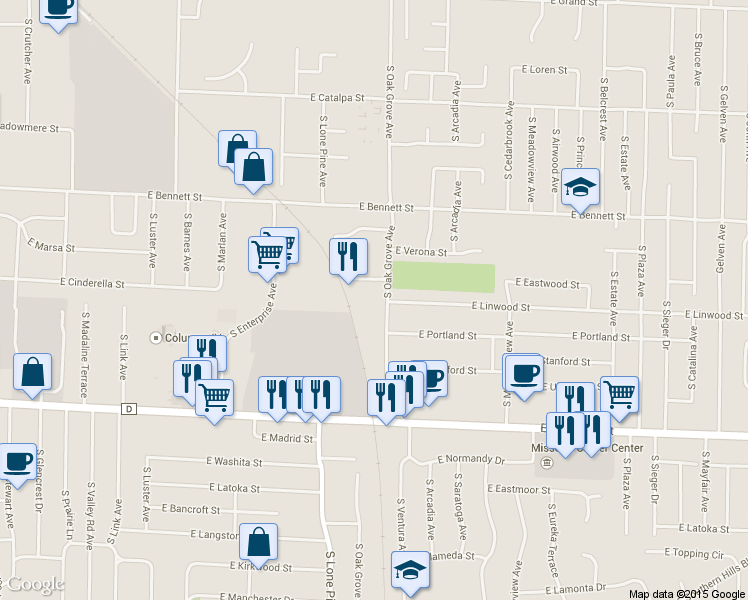 map of restaurants, bars, coffee shops, grocery stores, and more near 1547 South Oak Grove Avenue in Springfield