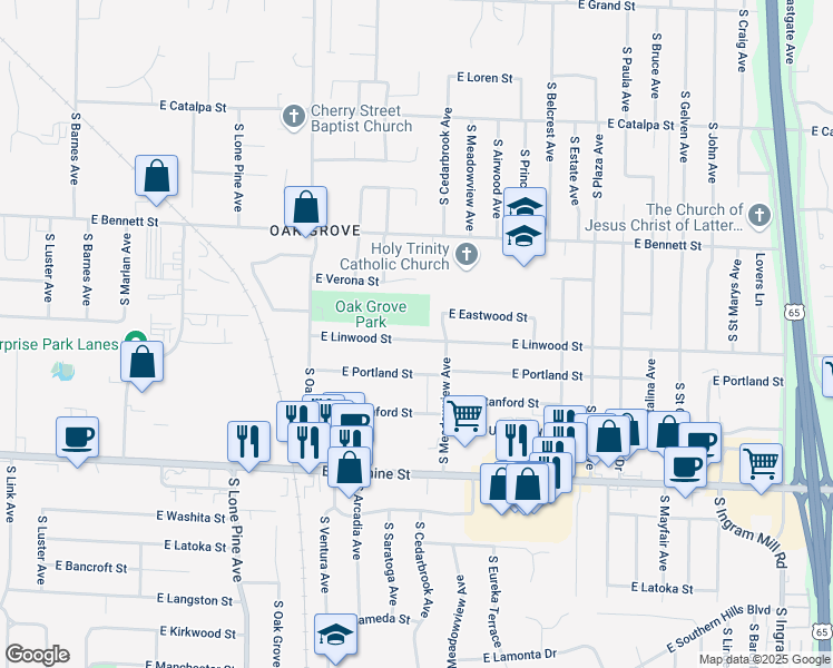 map of restaurants, bars, coffee shops, grocery stores, and more near 2753 East Linwood Street in Springfield