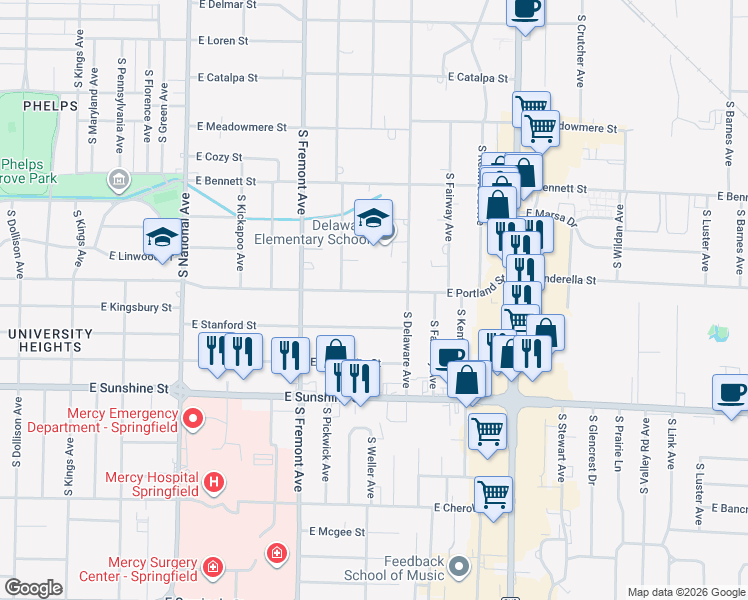 map of restaurants, bars, coffee shops, grocery stores, and more near 1508 East Portland Street in Springfield