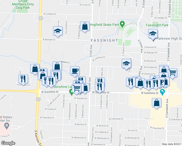 map of restaurants, bars, coffee shops, grocery stores, and more near 1628 South Fort Avenue in Springfield