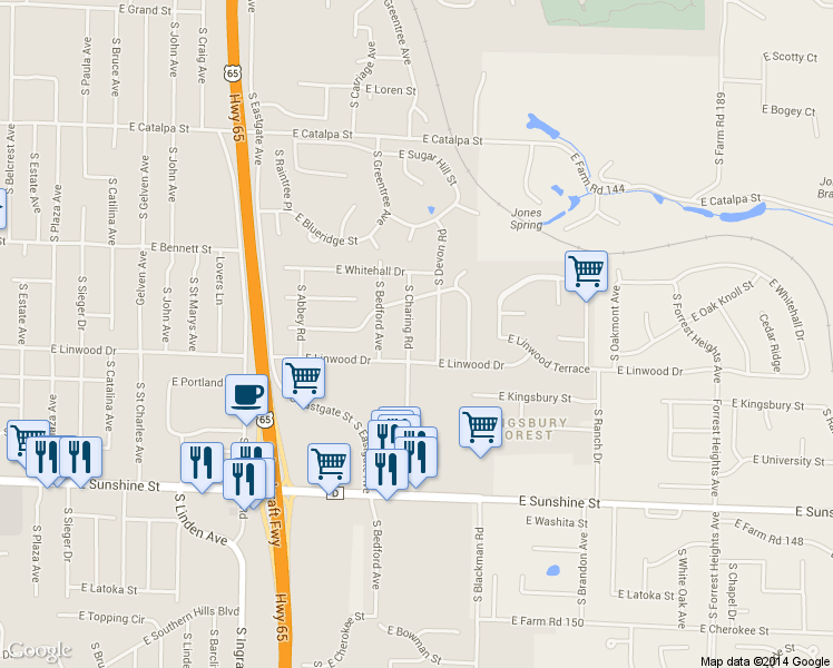 map of restaurants, bars, coffee shops, grocery stores, and more near 1524 South Charing Road in Springfield