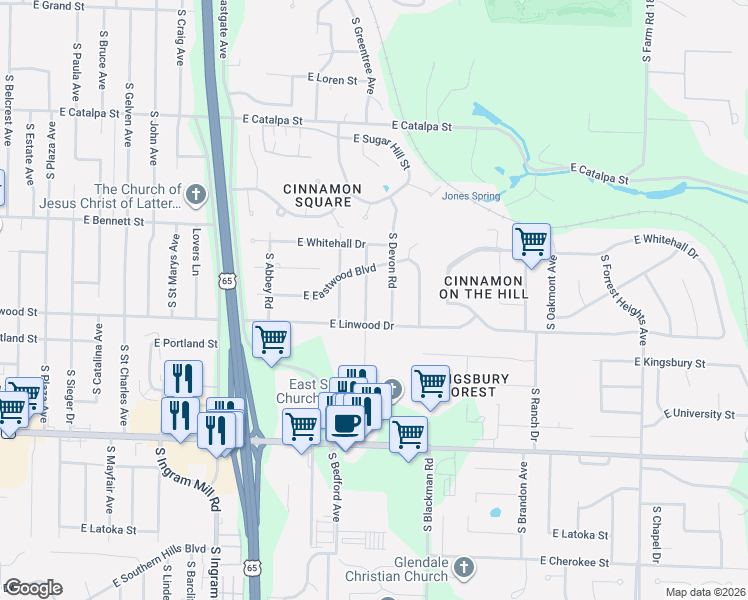 map of restaurants, bars, coffee shops, grocery stores, and more near 1524 South Charing Road in Springfield