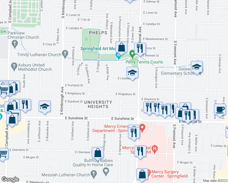 map of restaurants, bars, coffee shops, grocery stores, and more near 1033 East Kingsbury Street in Springfield