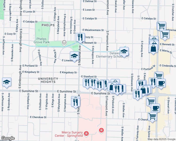 map of restaurants, bars, coffee shops, grocery stores, and more near 1254 East Portland Street in Springfield