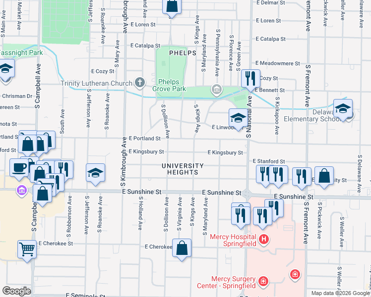 map of restaurants, bars, coffee shops, grocery stores, and more near 939 East Kingsbury Street in Springfield
