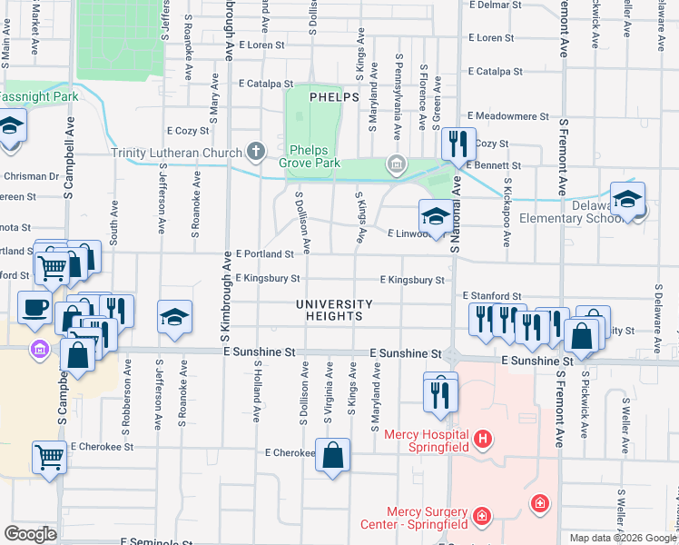map of restaurants, bars, coffee shops, grocery stores, and more near 939 East Kingsbury Street in Springfield