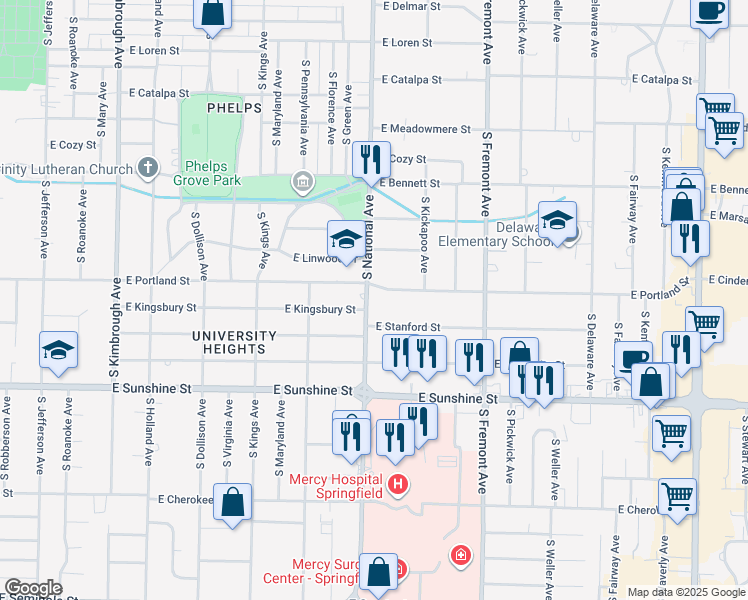 map of restaurants, bars, coffee shops, grocery stores, and more near 1212 East Portland Street in Springfield