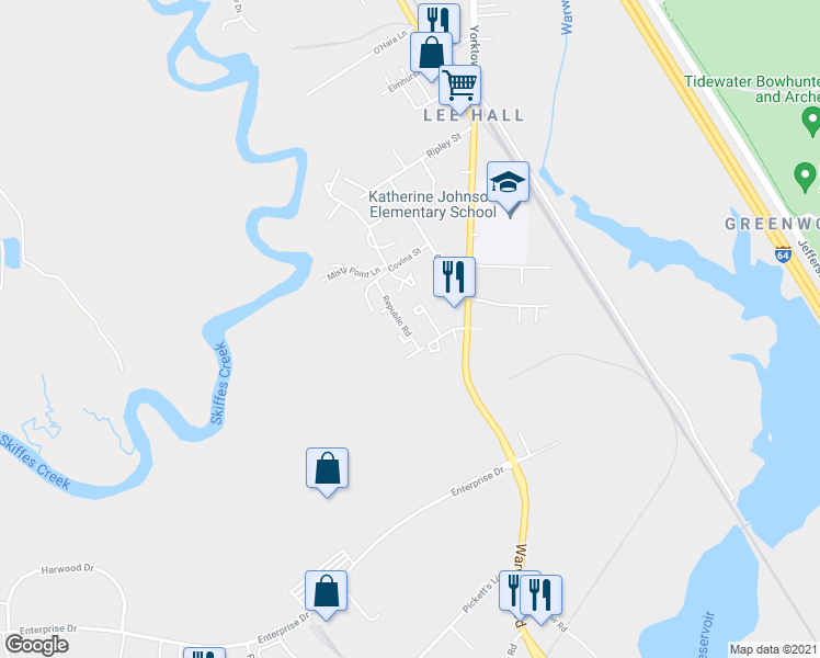 map of restaurants, bars, coffee shops, grocery stores, and more near 117 Republic Road in Newport News