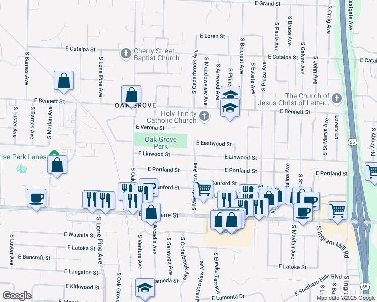 map of restaurants, bars, coffee shops, grocery stores, and more near 2803 East Linwood Drive in Springfield