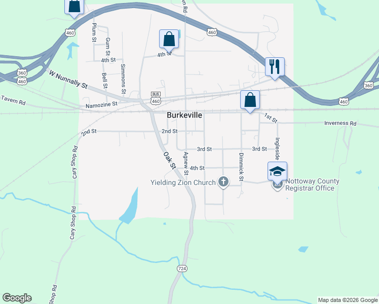 map of restaurants, bars, coffee shops, grocery stores, and more near 312 Agnew Street in Burkeville