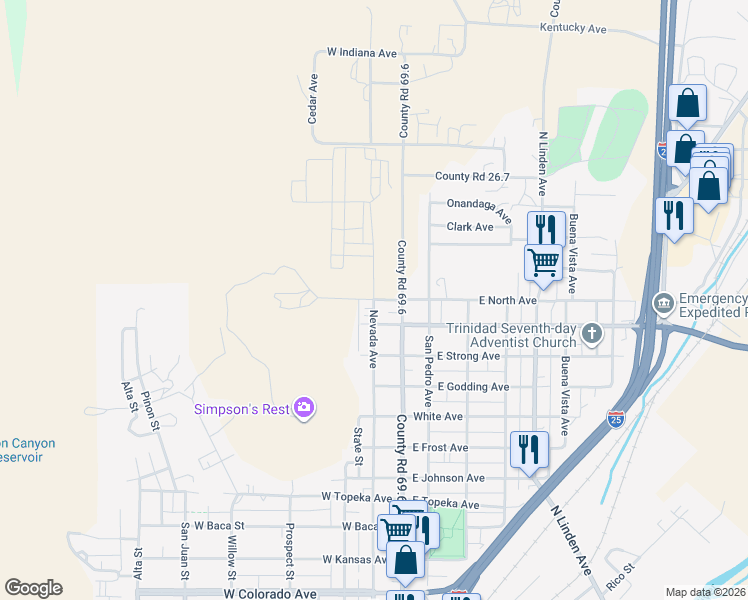 map of restaurants, bars, coffee shops, grocery stores, and more near 201 West North Avenue in Trinidad