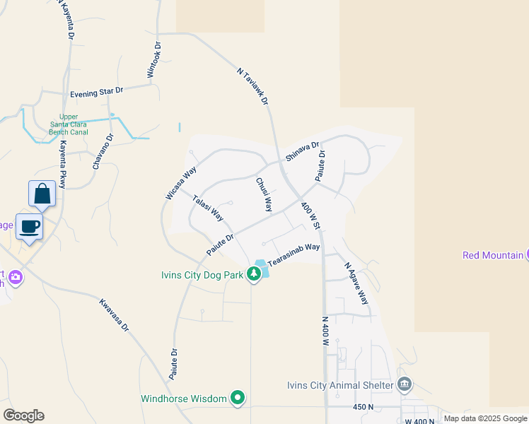 map of restaurants, bars, coffee shops, grocery stores, and more near 937 Chusi Way in Ivins