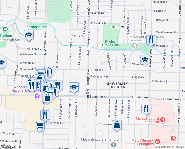 map of restaurants, bars, coffee shops, grocery stores, and more near 619 East Kingsbury Street in Springfield