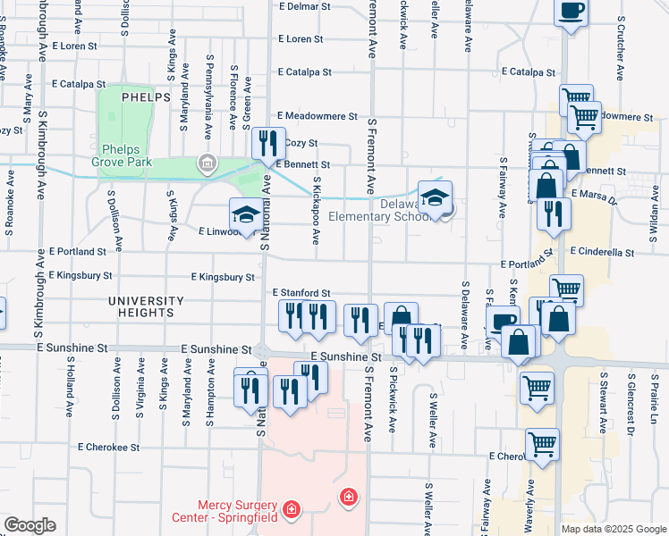 map of restaurants, bars, coffee shops, grocery stores, and more near 1328 East Portland Street in Springfield