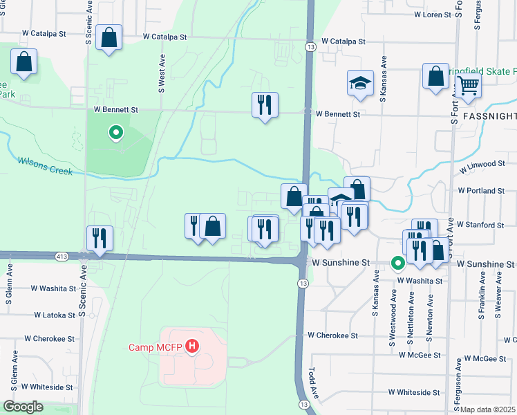 map of restaurants, bars, coffee shops, grocery stores, and more near 1644 South Marion Avenue in Springfield