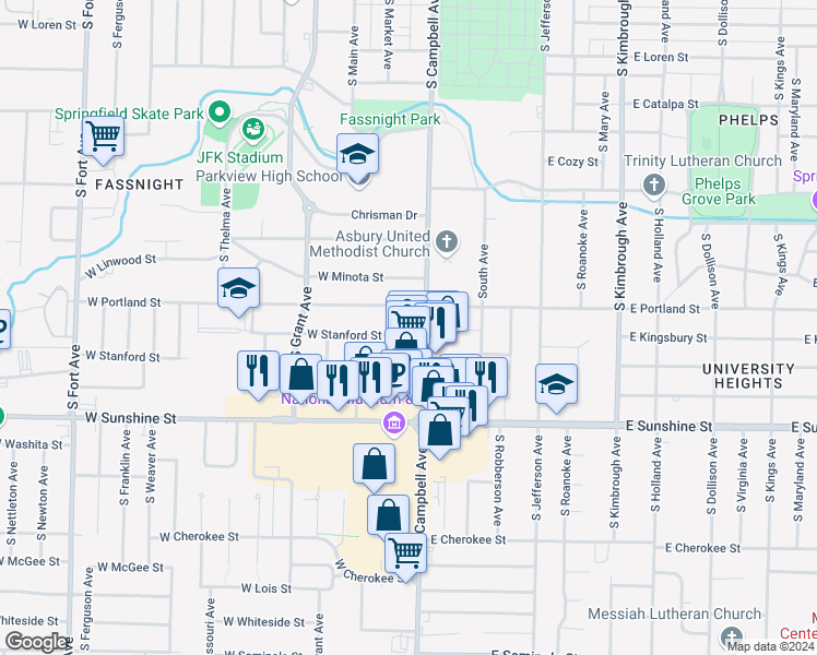 map of restaurants, bars, coffee shops, grocery stores, and more near 415 West Stanford Street in Springfield