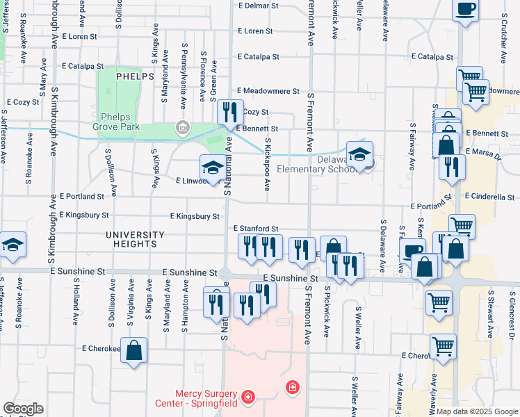 map of restaurants, bars, coffee shops, grocery stores, and more near 1254 East Portland Street in Springfield