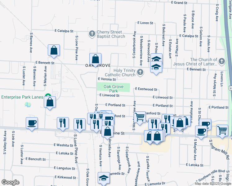 map of restaurants, bars, coffee shops, grocery stores, and more near 2711 East Linwood Street in Springfield