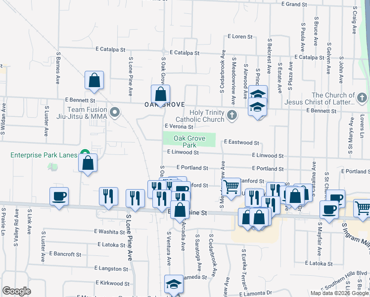 map of restaurants, bars, coffee shops, grocery stores, and more near 2711 East Linwood Street in Springfield