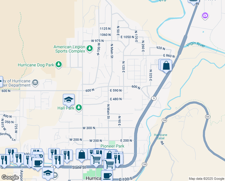 map of restaurants, bars, coffee shops, grocery stores, and more near East 590 North in Hurricane