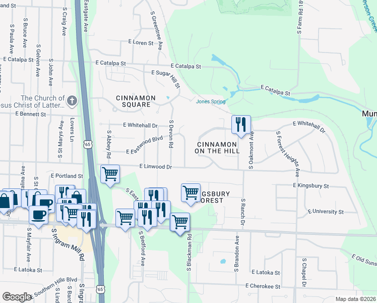 map of restaurants, bars, coffee shops, grocery stores, and more near 1523 South Essex Road in Springfield