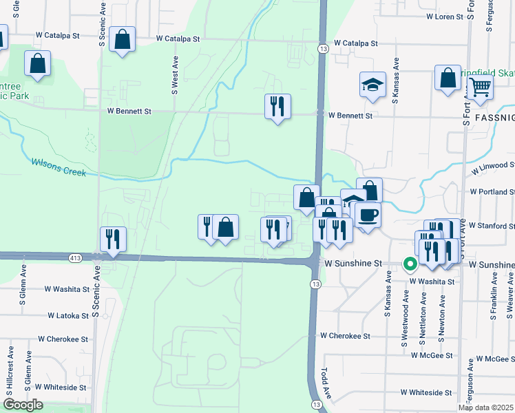 map of restaurants, bars, coffee shops, grocery stores, and more near 1639 South Marion Avenue in Springfield