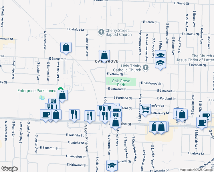 map of restaurants, bars, coffee shops, grocery stores, and more near 1547 South Oak Grove Avenue in Springfield