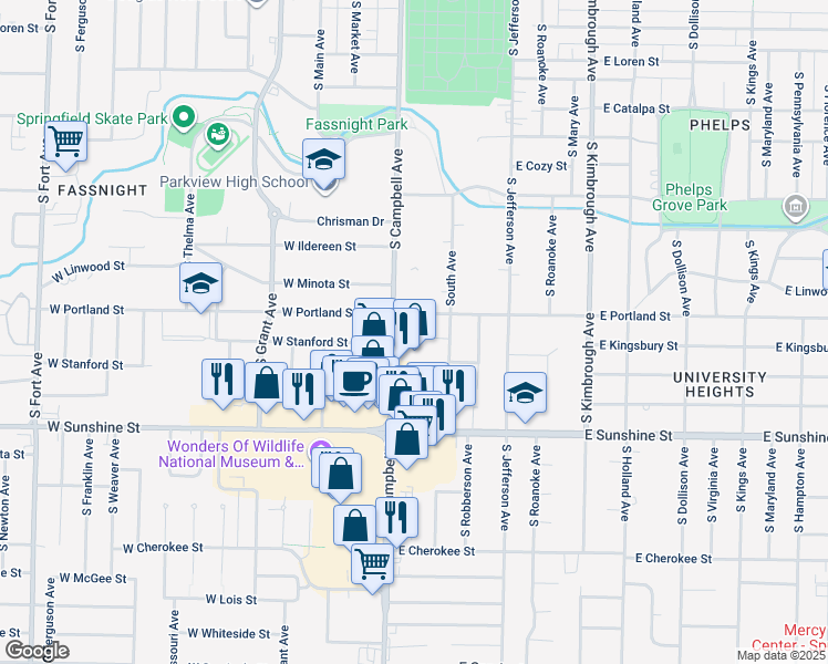 map of restaurants, bars, coffee shops, grocery stores, and more near 308 West Kingsbury Street in Springfield