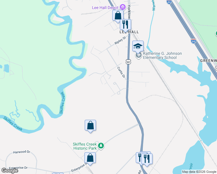 map of restaurants, bars, coffee shops, grocery stores, and more near 104 Republic Road in Newport News