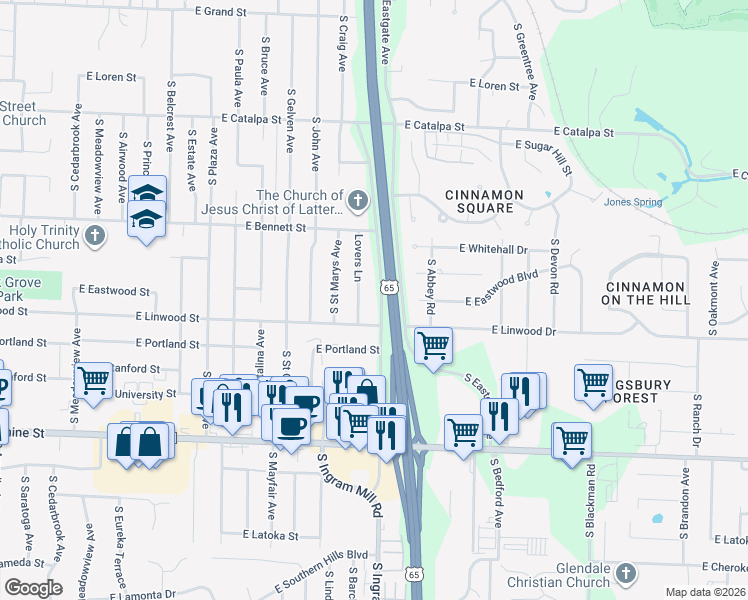 map of restaurants, bars, coffee shops, grocery stores, and more near 1530 South Lovers Lane in Springfield