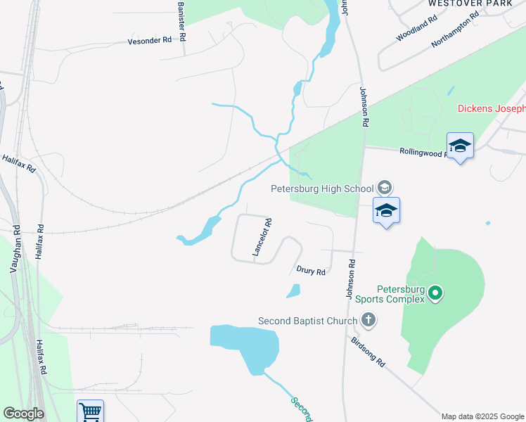 map of restaurants, bars, coffee shops, grocery stores, and more near 1809 Tudor Lane in Petersburg