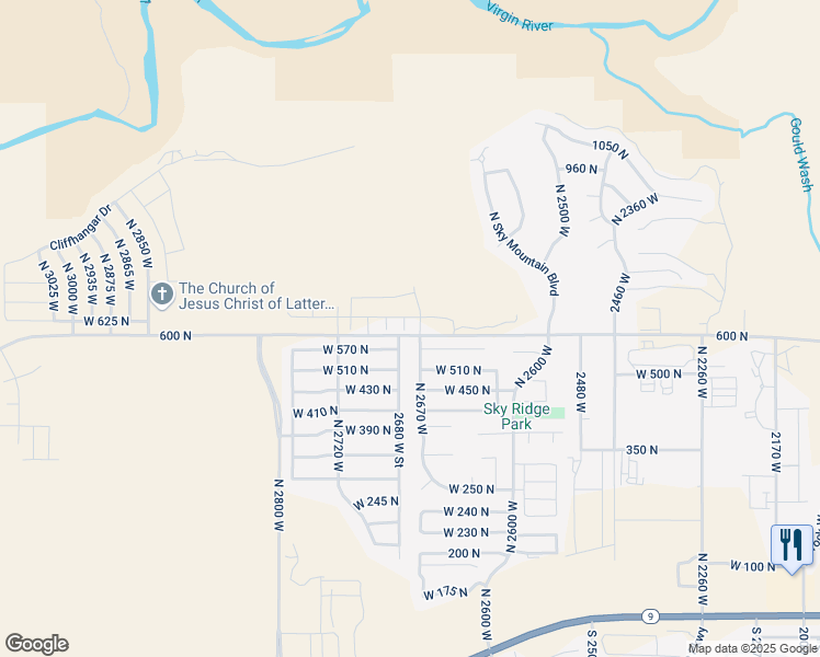 map of restaurants, bars, coffee shops, grocery stores, and more near 2675 West 625 North in Hurricane