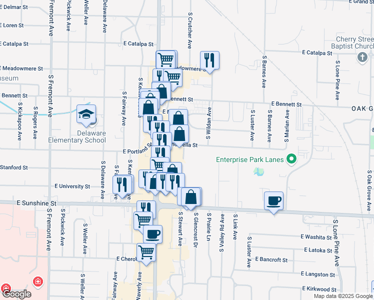 map of restaurants, bars, coffee shops, grocery stores, and more near 1908 East Cinderella Street in Springfield