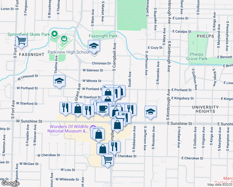 map of restaurants, bars, coffee shops, grocery stores, and more near 308 West Kingsbury Street in Springfield