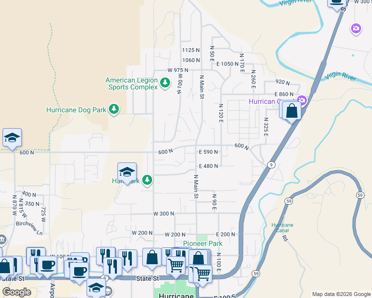 map of restaurants, bars, coffee shops, grocery stores, and more near 49 600 North in Hurricane