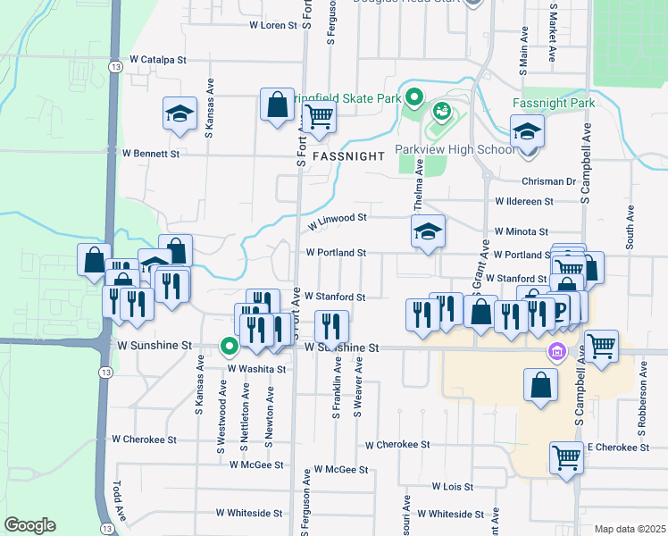map of restaurants, bars, coffee shops, grocery stores, and more near 1632 South Ferguson Avenue in Springfield