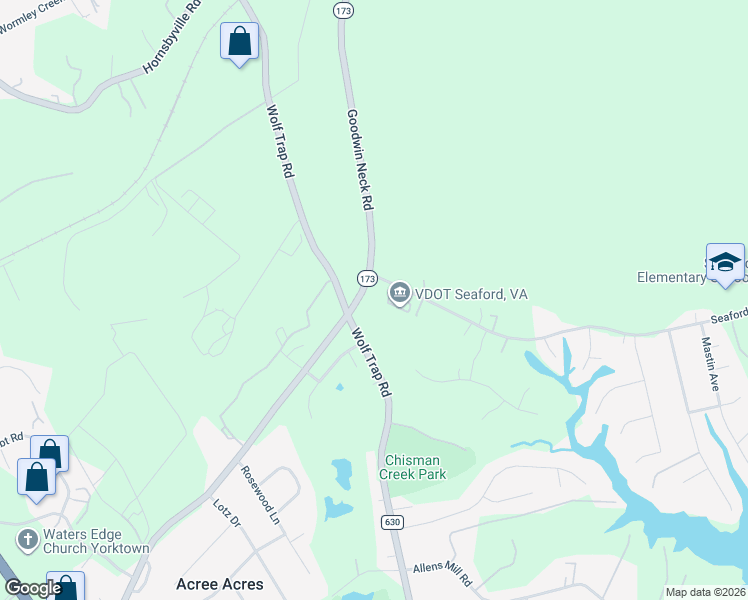 map of restaurants, bars, coffee shops, grocery stores, and more near 500 Goodwin Neck Road in Yorktown