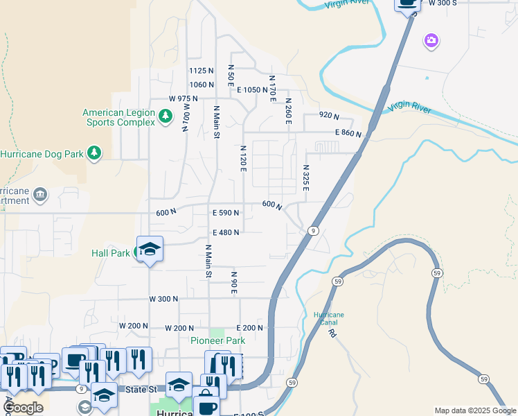 map of restaurants, bars, coffee shops, grocery stores, and more near North 160 East in Hurricane