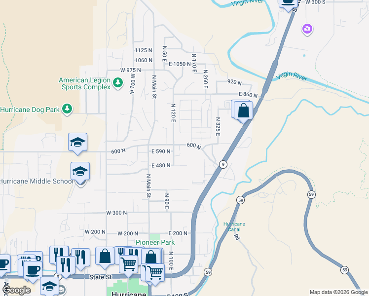 map of restaurants, bars, coffee shops, grocery stores, and more near North 160 East in Hurricane
