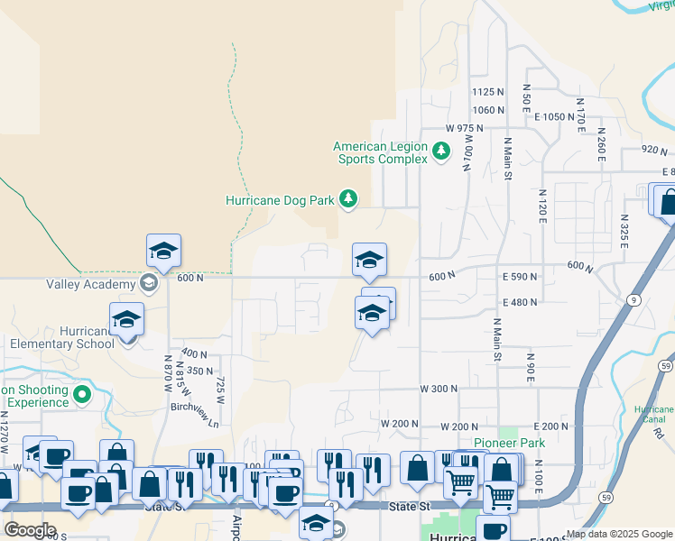 map of restaurants, bars, coffee shops, grocery stores, and more near 422 600 North in Hurricane