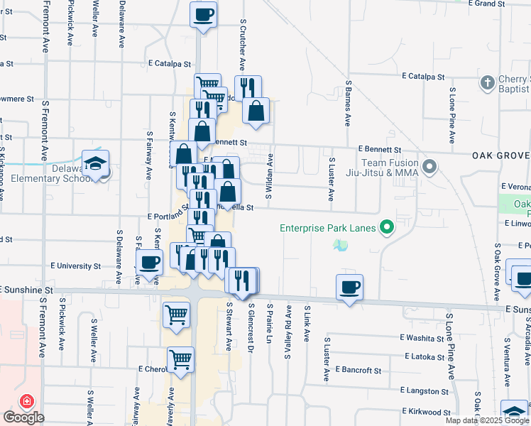map of restaurants, bars, coffee shops, grocery stores, and more near 1950 East Cinderella Street in Springfield