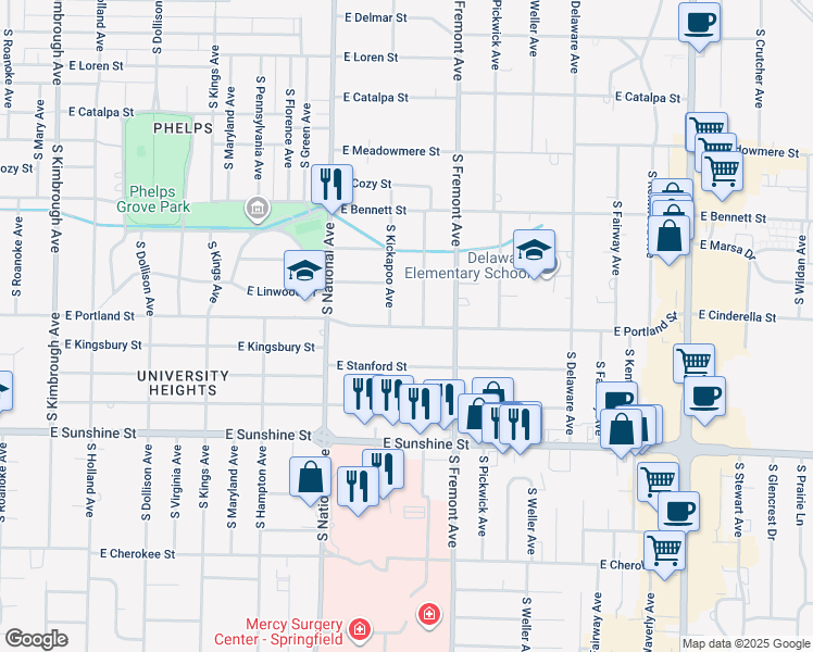 map of restaurants, bars, coffee shops, grocery stores, and more near 1328 East Portland Street in Springfield