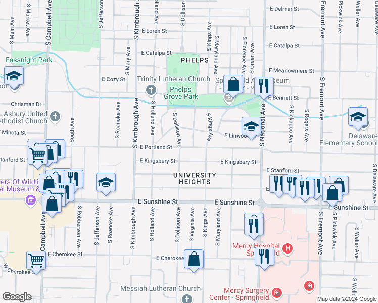 map of restaurants, bars, coffee shops, grocery stores, and more near 939 East Kingsbury Street in Springfield