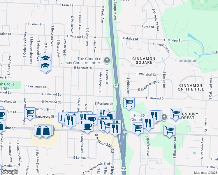map of restaurants, bars, coffee shops, grocery stores, and more near 1530 South Lovers Lane in Springfield