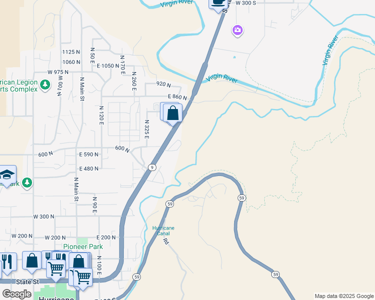 map of restaurants, bars, coffee shops, grocery stores, and more near 580 North State Street in Hurricane